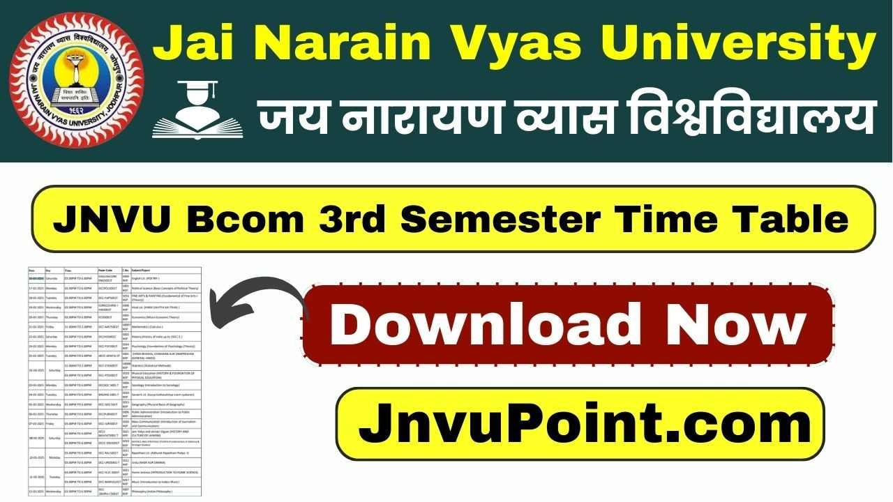 JNVU Bcom 3rd Semester Time Table